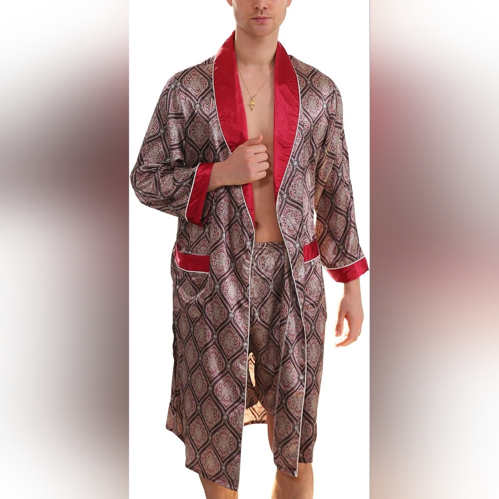 Men's Satin Housecoat and Short Set Size Medium Super Silky Comfy